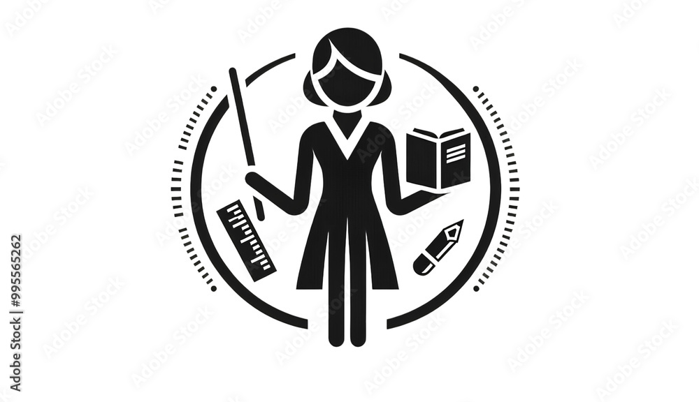 Minimalistic icon of a teacher figure with educational symbols including a book, ruler, and lightbulb, representing teaching, knowledge, and education essentials. Minimalistic icon of a teacher figure with educational symbols including a book, ruler, and lightbulb, representing teaching, knowledge, and education essentials.