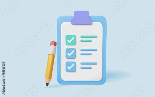 Clipboard with checklist, Clipboard communication, Business paper, Todo check list, Checklist management, Planning and organization of work, Project plan, Survey. 3d Vector illustration. Eps 10