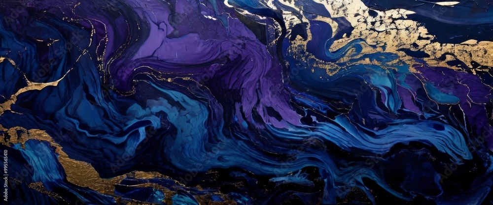 A stunning abstract artwork featuring swirling patterns of dark blues, purples, and black, accented by shimmering gold veins. The marble-like texture creates a sense of depth and movement, perfect for A stunning abstract artwork featuring swirling patterns of dark blues, purples, and black, accented by shimmering gold veins. The marble-like texture creates a sense of depth and movement, perfect for