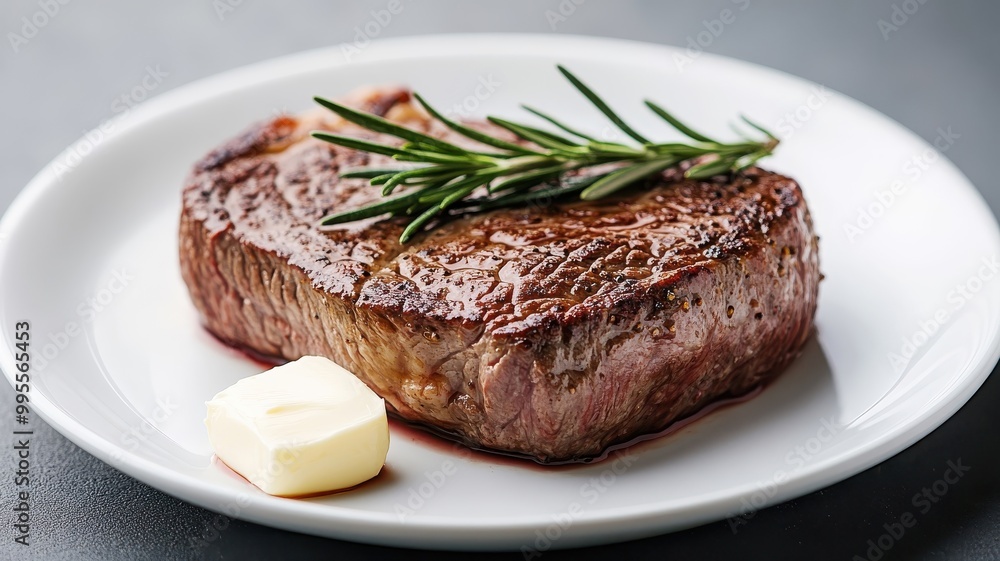 Single steak with rosemary and melting butter on white plate. Single steak with rosemary and melting butter on white plate.