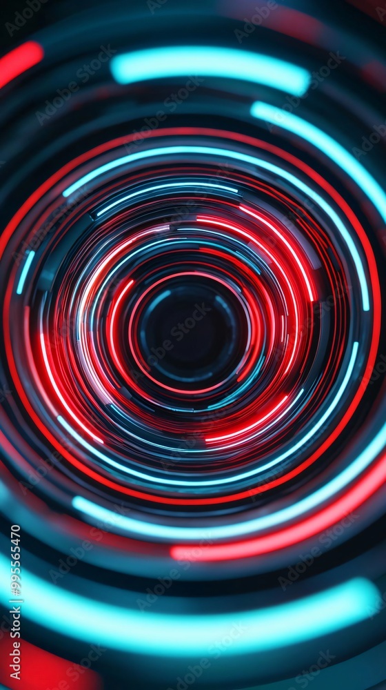 Fototapeta premium Abstract circular pattern with vibrant red and blue light trails, creating a dynamic and modern visual effect for technology themes.