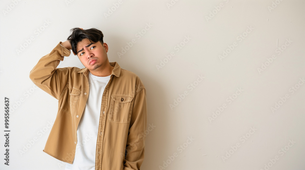 Frustrated Consumer Confusion, Man Holding Head Staring at Blank Wall Frustrated Consumer Confusion, Man Holding Head Staring at Blank Wall