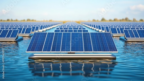 Solar panels floating on water, reflecting blue skies, sustainable energy solution photo