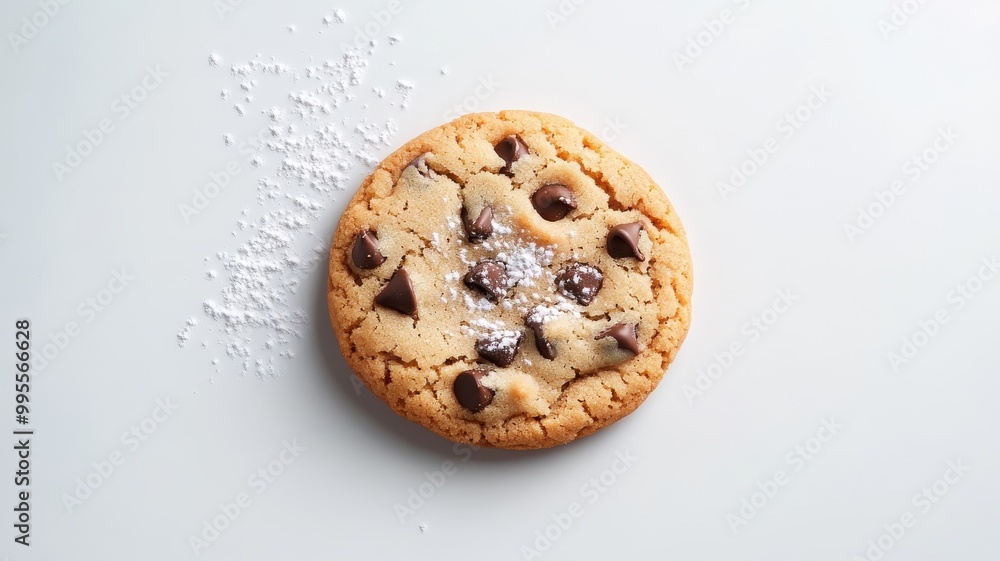 Single chocolate chip cookie with powdered sugar on a white plate. Single chocolate chip cookie with powdered sugar on a white plate.