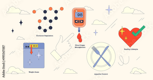 Illustration of weight scale, blood sugar monitor, and healthy lifestyle icons in neubrutalism style collection.