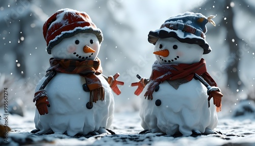 Thoughtful snowmen share reflections on snowfall and their purpose in the winter landscape photo