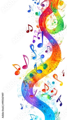 Colorful musical notes and treble clefs on a white background, vector illustration with space for text or message