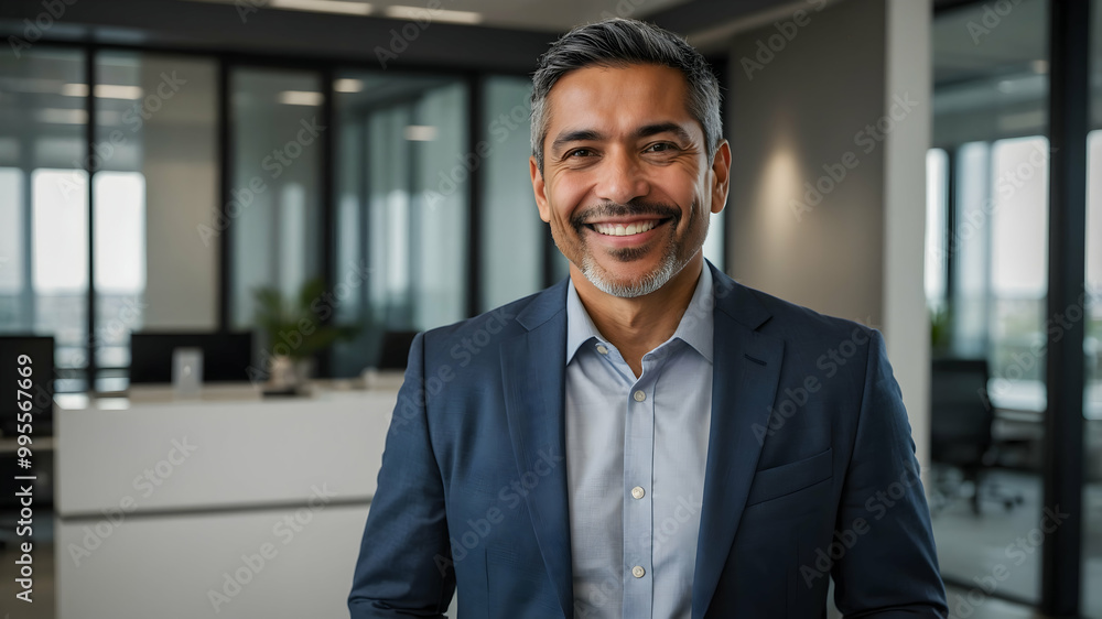 Fototapeta premium Confident CEO: A portrait of a confident, successful CEO exuding leadership, experience, and a welcoming smile. He stands in a modern office setting.