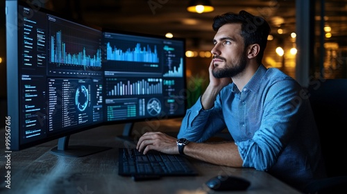 A businessperson looking at charts and data on a computer screen representing strategic planning and career growth Large space for text in center Stock Photo with copy space
