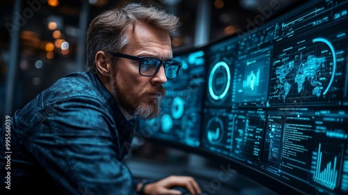 A businessperson looking at charts and data on a computer screen representing strategic planning and career growth Large space for text in center Stock Photo with copy space