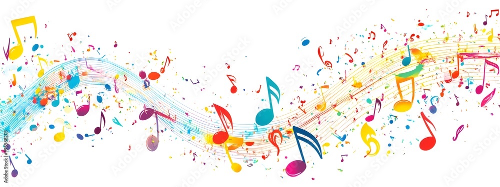Fototapeta premium Colorful musical notes and treble clefs on a white background, vector illustration with space for text or message