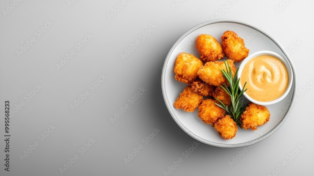 Minimalist food photograph of popcorn chicken on a white plate with honey mustard sauce, highlighting the simplicity and deliciousness. Minimalist food photograph of popcorn chicken on a white plate with honey mustard sauce, highlighting the simplicity and deliciousness.