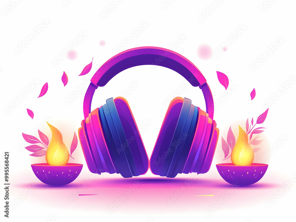 Flat Headphones with Bhai Dooj Glowing Diyas: Futuristic Design Featuring Two Floating Diyas on Clean White Background - Perfect for Festive Creativity Flat Headphones with Bhai Dooj Glowing Diyas: Futuristic Design Featuring Two Floating Diyas on Clean White Background - Perfect for Festive Creativity