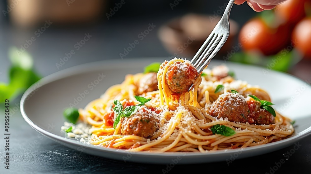 Φωτογραφία Dramatic overhead shot of gourmet spaghetti and meatballs with marinara sauce, parmesan, and a fork twirling a perfect bite