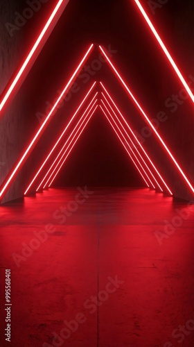 Futuristic hallway featuring vibrant red neon lights with sharp triangular shapes, creating a striking and modern atmosphere. photo