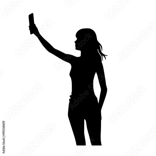 Beautiful young  woman taking a selfie with smartphone - silhouette vector illustration transparent background