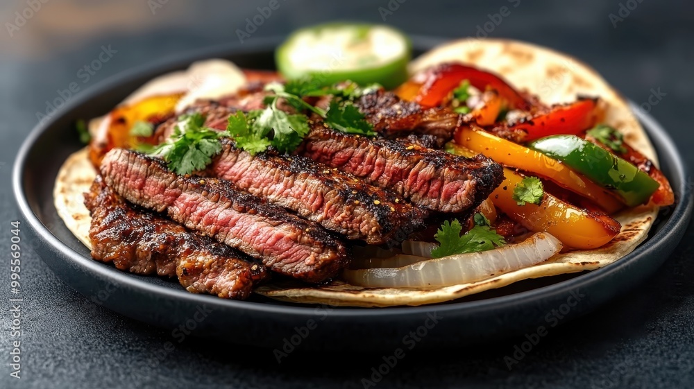 A stylized graphic of steak fajitas, with bold lines and vibrant colors illustrating grilled steak, onions, and bell peppers on a plate. A stylized graphic of steak fajitas, with bold lines and vibrant colors illustrating grilled steak, onions, and bell peppers on a plate.