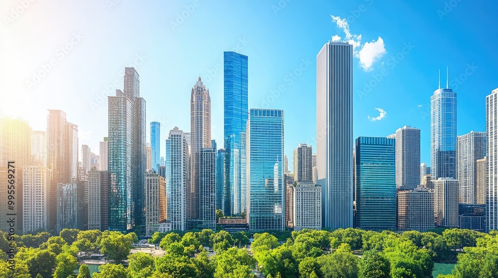 Obraz premium Aerial view of a modern cityscape with skyscrapers, room for copy in the clear blue sky.