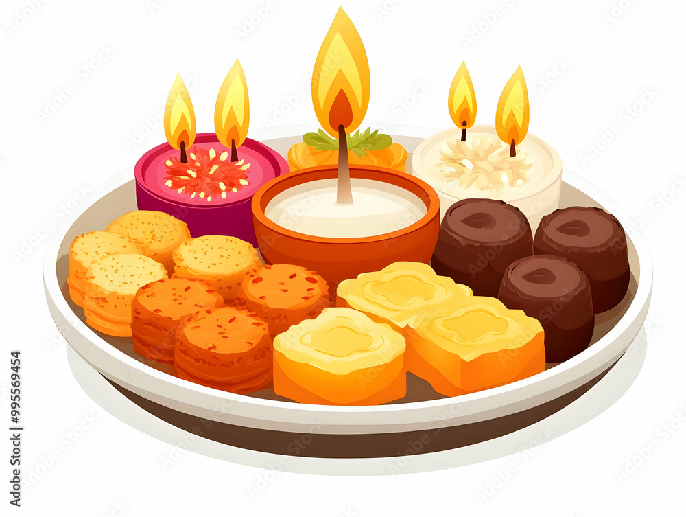 Obraz premium Modern Flat Vector of Bhai Dooj Sweets and Diya Isolated on White Background - Glossy Festive Glow Illustration