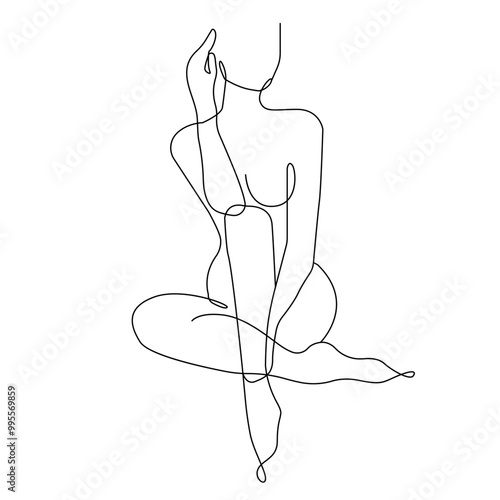 Continuous Single Line Drawing of Woman Silhouette. Female Figure Minimalistic Style. Black and White Vector One Line Fashion Illustration. Trendy Glamour Concept for Logo, wall Art, Cards