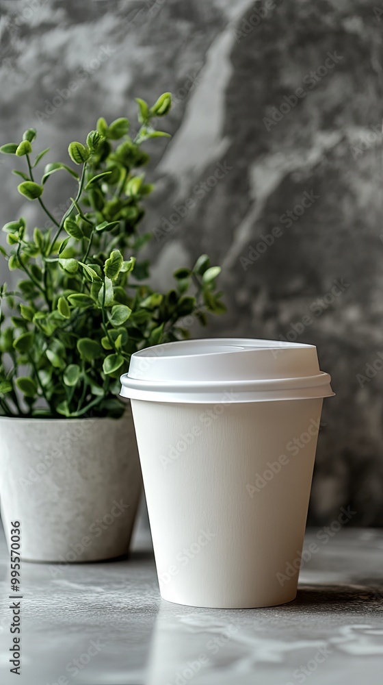 A coffee cup with a small plant beside it, with space for branding A coffee cup with a small plant beside it, with space for branding