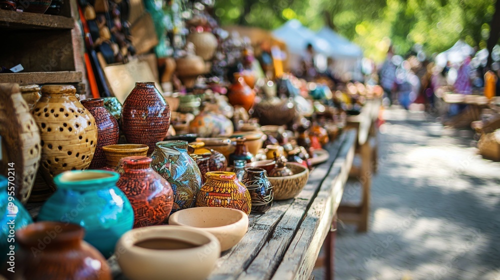 Bustling outdoor craft and artisan market of handmade products traditional artisanal goods Bustling outdoor craft and artisan market of handmade products traditional artisanal goods