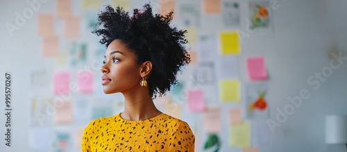 A professional reviewing a vision board in a modern office setting symbolizing planning goals and career development Large space for text in center Stock Photo with copy space