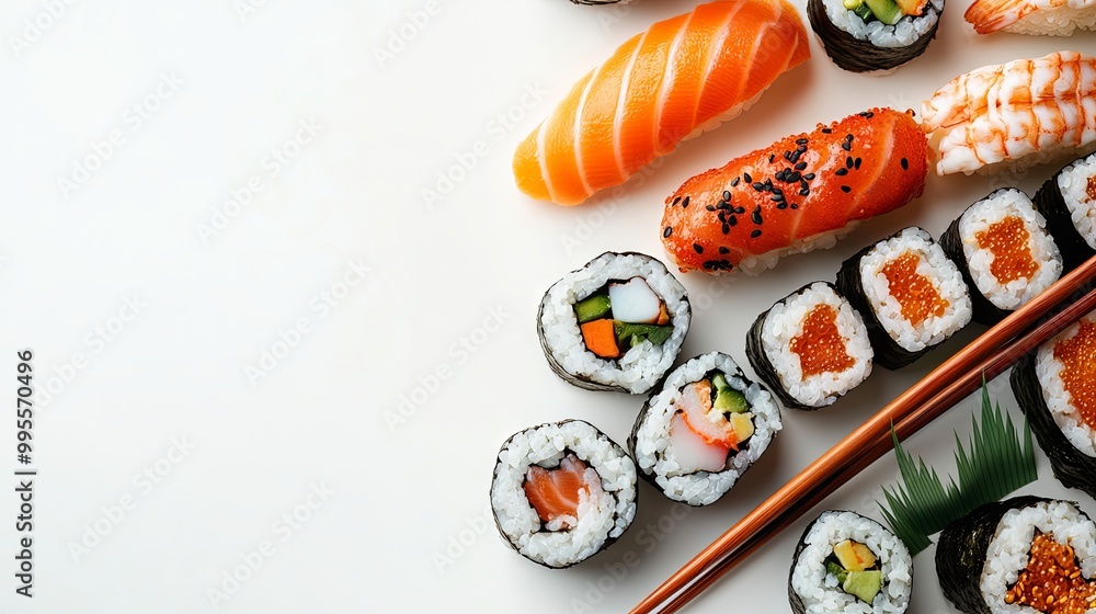 A flat lay of assorted sushi with chopsticks A flat lay of assorted sushi with chopsticks