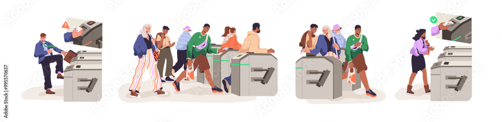 People pass turnstile entrances set. Crowd enters subway from tourniquet with security access. Passengers go by barriers of automatic control system. Flat isolated vector illustrations on white People pass turnstile entrances set. Crowd enters subway from tourniquet with security access. Passengers go by barriers of automatic control system. Flat isolated vector illustrations on white