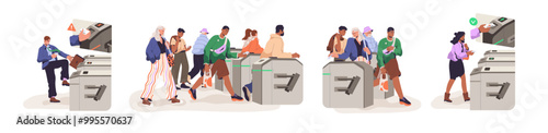 People pass turnstile entrances set. Crowd enters subway from tourniquet with security access. Passengers go by barriers of automatic control system. Flat isolated vector illustrations on white