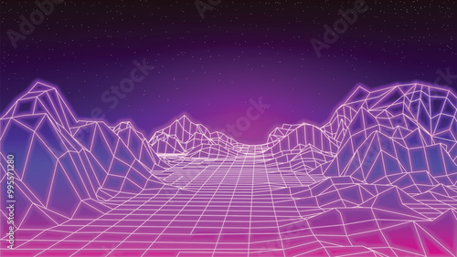 Retro futuristic 80'S landscape illustation with mountain nad stars