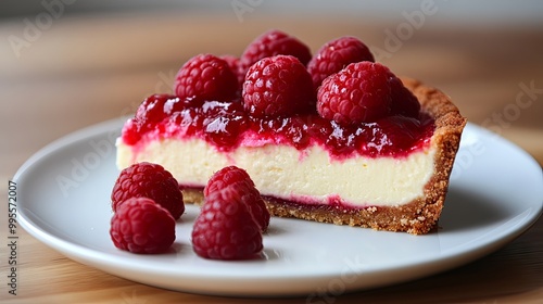 Raspberry Cheesecake Slice on White Plate