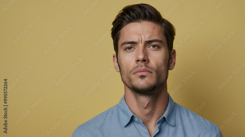 Fototapeta premium Intense Gaze: A young man with a serious expression, captured in a close-up portrait against a vibrant yellow background. His piercing gaze and determined demeanor convey a sense of focus and purpose.