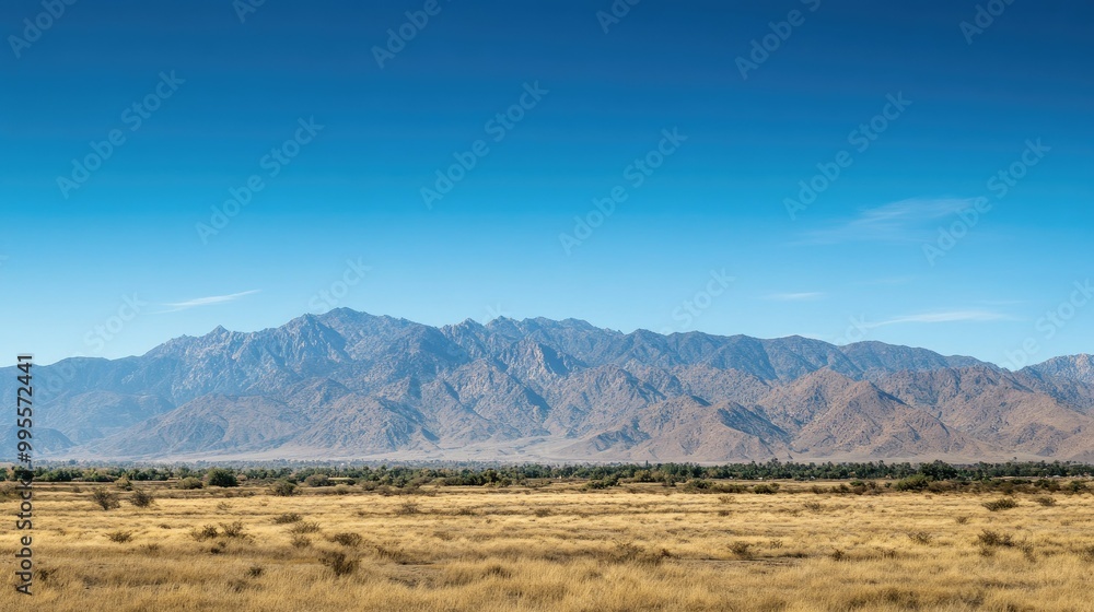 Majestic mountain range under a clear blue sky, with wide open space for text in the foreground. Majestic mountain range under a clear blue sky, with wide open space for text in the foreground.