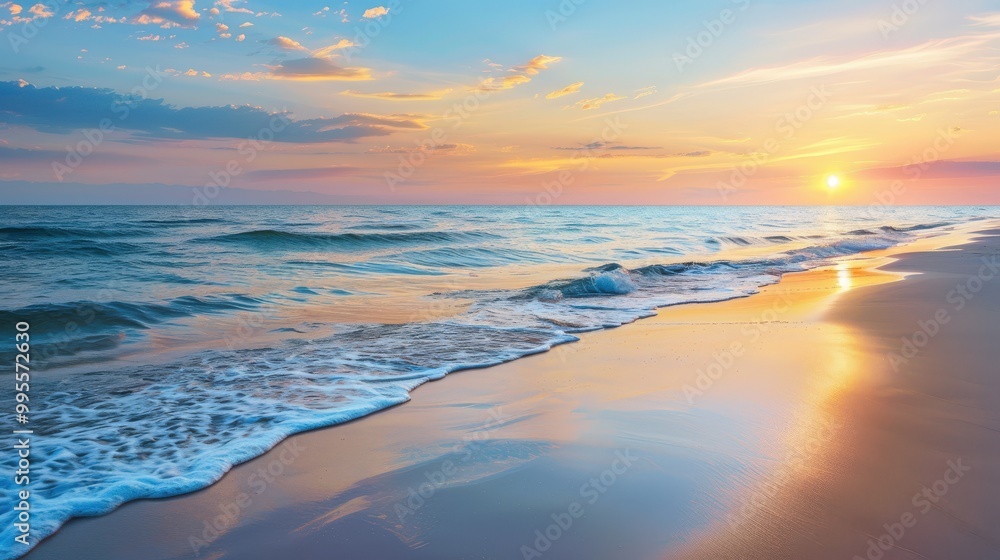 A peaceful beach at sunset where gentle waves lap against the soft sand and the sky is full of vibrant colors. A peaceful beach at sunset where gentle waves lap against the soft sand and the sky is full of vibrant colors.