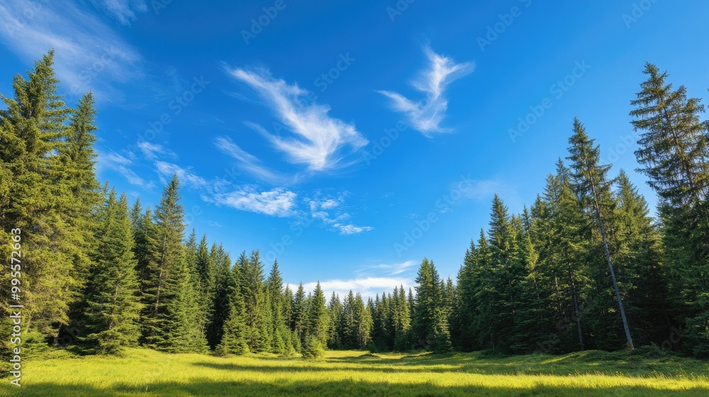 Remote wilderness with towering pine trees, with ample copy space in the bright blue sky. Remote wilderness with towering pine trees, with ample copy space in the bright blue sky.