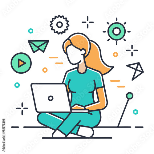 png- girl writing on laptop -  icon flat - colored transparent - around shape line objects