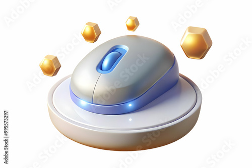 Flat Mouse with Glowing Bhai Dooj Elements - Holographic Symbols Above Modern Computer Mouse, Clean White Background, Side Shot Illustration