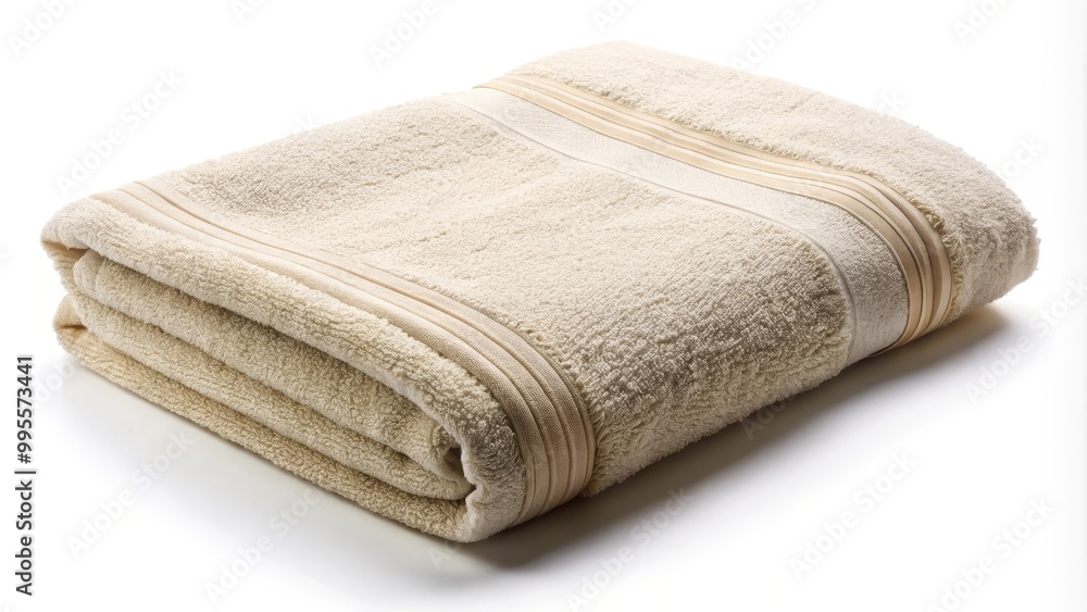 Folded beige bath towel with stripes lying on white background Folded beige bath towel with stripes lying on white background