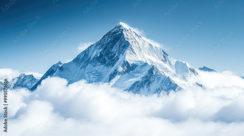 Snowy mountain peak rising above the clouds, space for copy in the crisp blue sky. Snowy mountain peak rising above the clouds, space for copy in the crisp blue sky.