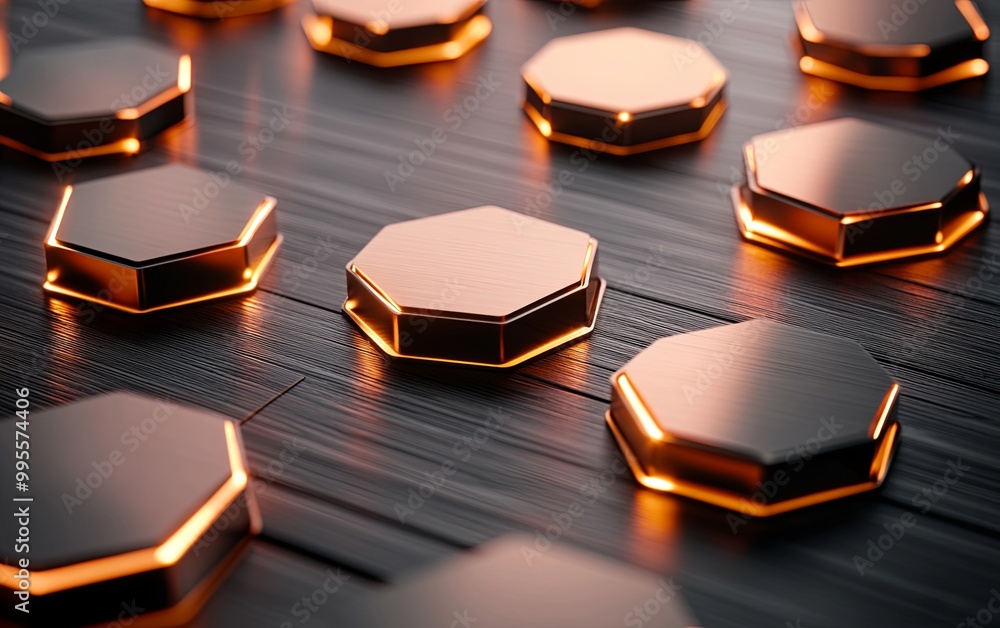 A close-up of hexagonal metallic shapes with glowing edges, arranged on a textured surface, suggesting a modern design aesthetic. A close-up of hexagonal metallic shapes with glowing edges, arranged on a textured surface, suggesting a modern design aesthetic.