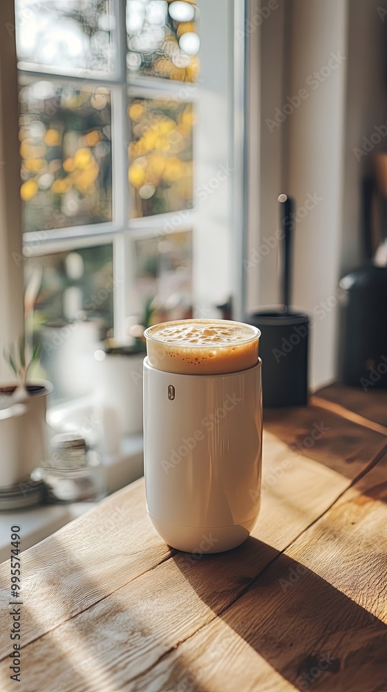 Modern Milk Frother on Wooden Table Modern Milk Frother on Wooden Table