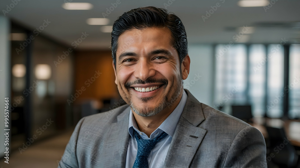 Confident Businessman Portrait: Success, leadership, and ambition shine through in this close-up portrait of a smiling, middle-aged Hispanic businessman in a modern office setting. Confident Businessman Portrait: Success, leadership, and ambition shine through in this close-up portrait of a smiling, middle-aged Hispanic businessman in a modern office setting.