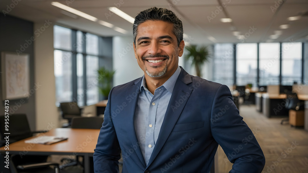Confident Leader: A mature businessman, dressed in a sharp suit and tie, stands in a modern office space with a warm, inviting smile. Confident Leader: A mature businessman, dressed in a sharp suit and tie, stands in a modern office space with a warm, inviting smile.