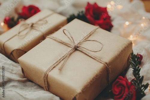 Rustic Christmas gifts wrapped in brown paper with twine placed near festive decor and soft lighting creating a cozy holiday atmosphere