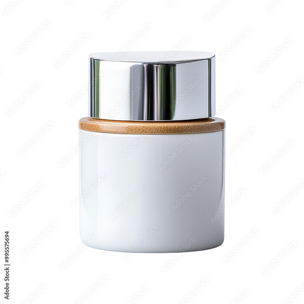 White jar with wooden lid and silver cap White jar with wooden lid and silver cap
