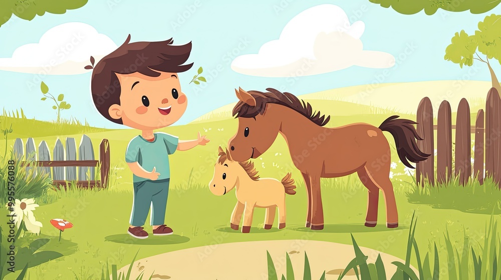 Naklejka premium A cartoon child playing with a baby horse, with ample room for copy in the farmyard.