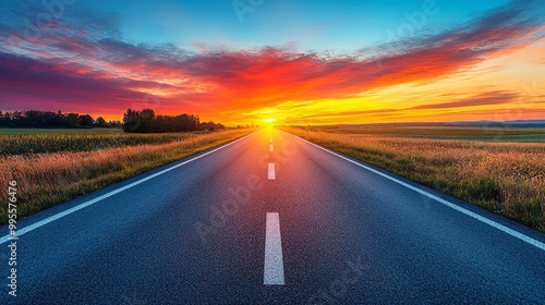 A road extending into a colorful sunset symbolizing the journey toward personal goals and the endless possibilities of the future Large space for text in center Stock Photo with copy space
