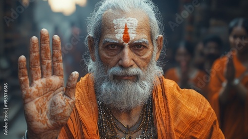 Humble Pandit Bestowing Blessings – Standing in a Rural Village Temple, Hand Raised in Reverence, Dressed in a Simple Dhoti and Adorned with a Tilak photo