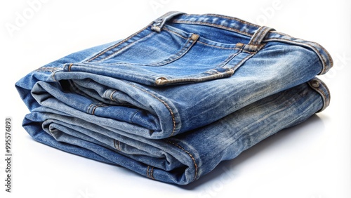 Blue jeans folded lying on each other on white background